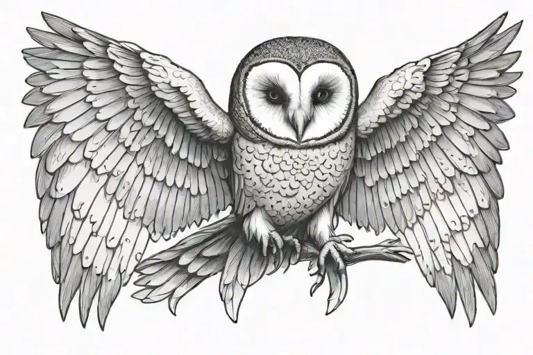 barn owl with large wings spread on a skull tattoo design idea