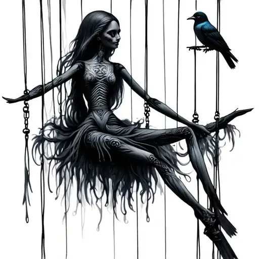 marionette with birds on the end tattoo design idea