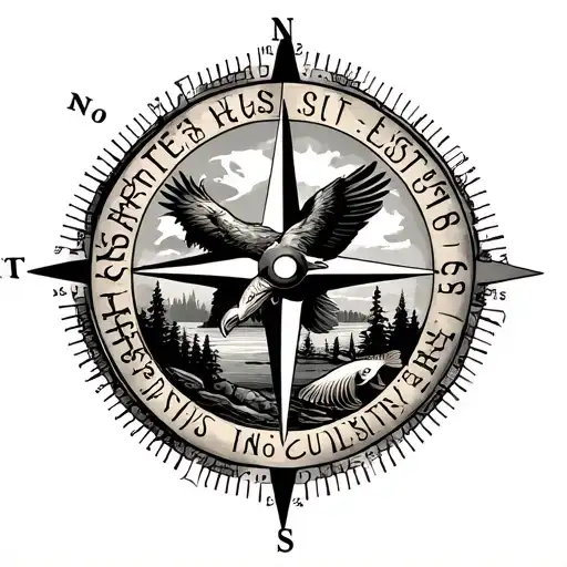  compass, north east south  westdirections in bold letteres, inside it put a river trees and a trout in an eagles claws  tattoo design idea