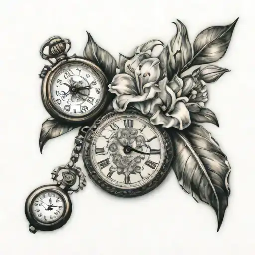 Gladiolus, poppy, carnation, snowdrop with a pocket watch tattoo design idea