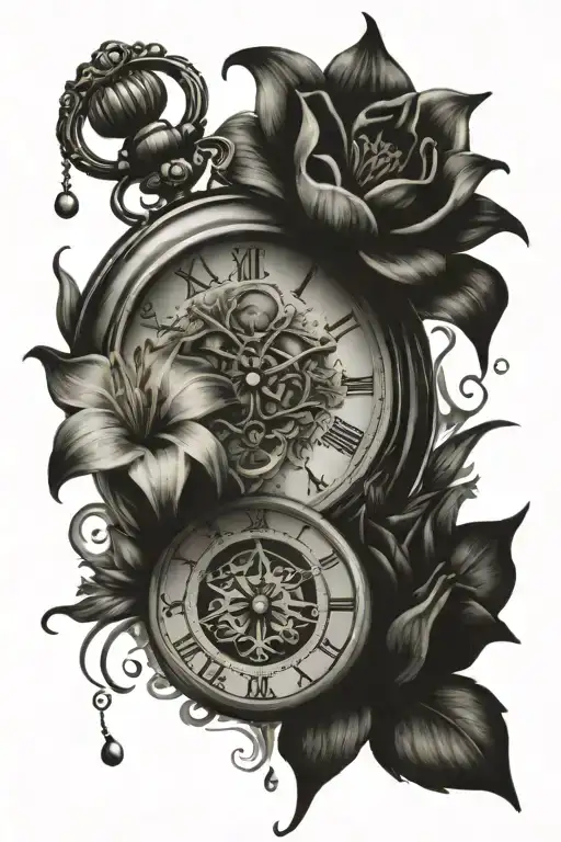 pocket watch surrounded by water Lillie's and larkspur tattoo design idea