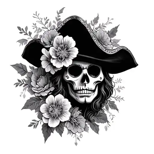 day of the dead pirate king with flowers tattoo design idea
