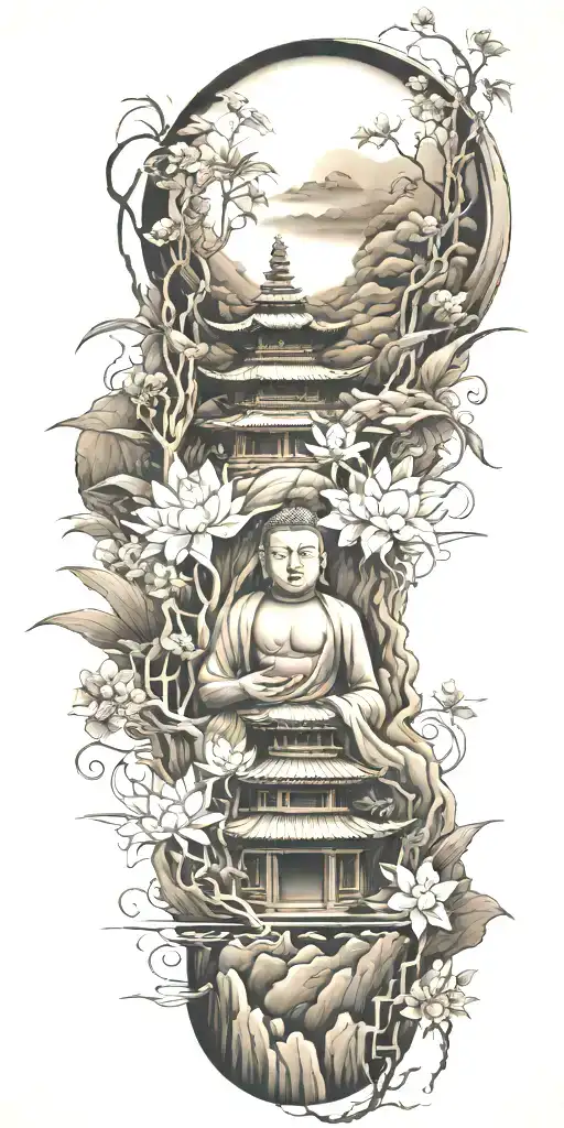 buddhist inpired tattoo with scenary of nature, bamboo, water, and with lotus, koi fish, small budda and spiritual stuff tattoo design idea
