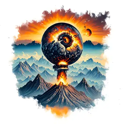 atomic bomb with mountians tattoo design idea