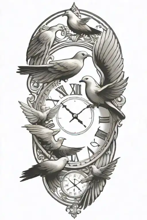 clock face surrounded by doves flying tattoo design idea
