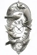 clock face surrounded by doves flying tattoo design idea