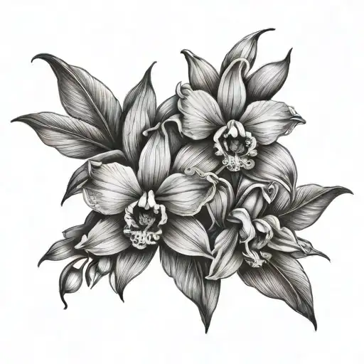 orchid flowers , gladiolus flower , sunflower blooming tattoo design idea