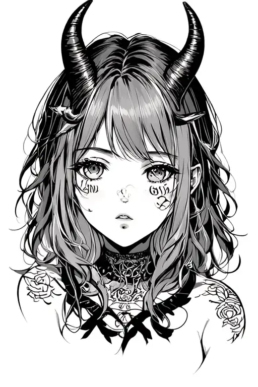 Ahegao face girl with horns tattoo design idea