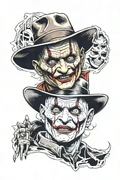 Make me an image of a tattoo of half Freddy Krueger and half joker with a Japanese mask next to it scary tattoo design idea