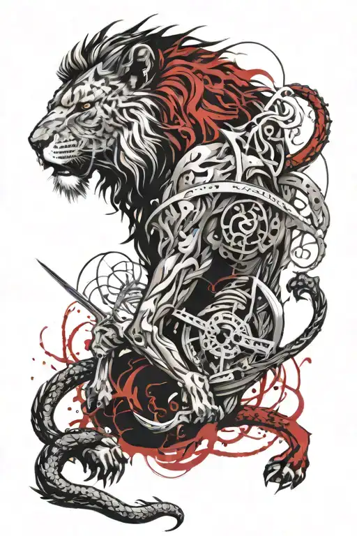 a lion holding sword and a dragon wrapped hand holding tattoo design idea