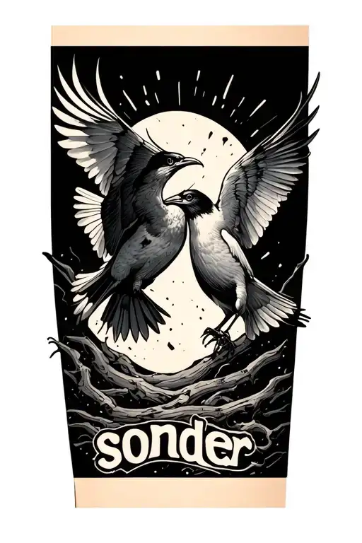 A tattoo above the knee pit, it would have two birds attacking eachother and have a word like "sonder" underneath it tattoo design idea
