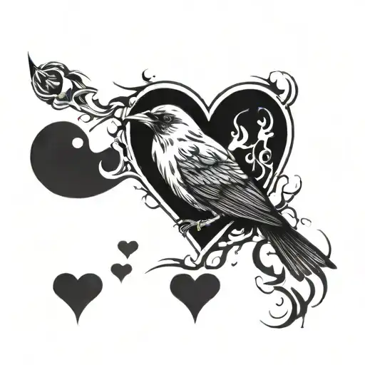 black heart ignited by fire and little bird flying away tattoo design idea
