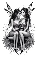 Two Fairies and a cat sitting tattoo design idea