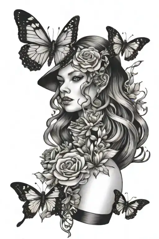 Flowers, black bands, witch, goddess, butterfly tattoo design idea