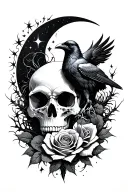Okay, something with a skull, moon, raven, rose, thorny tendrils... Together Preferably on the outside of the thigh tattoo design idea