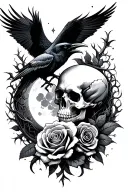 Okay, something with a skull, moon, raven, rose, thorny tendrils... Together Preferably on the outside of the thigh tattoo design idea