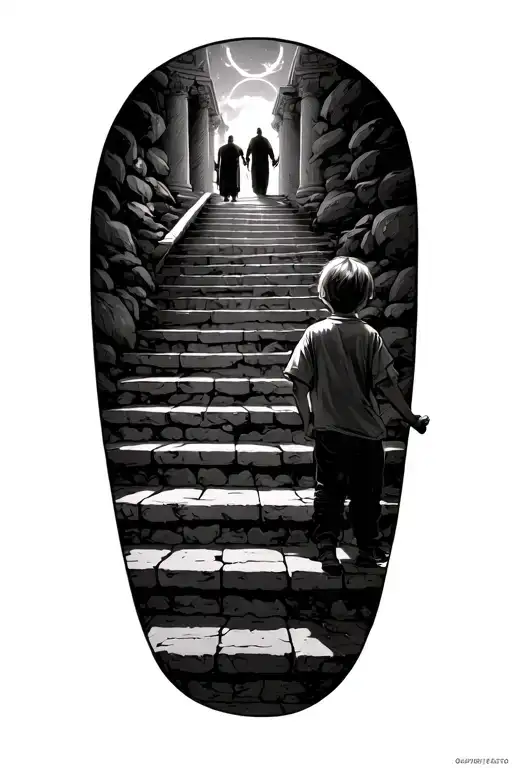 of the stairs climbed by a child surrounded by the difficulties of life to face and at the end the temple of Olympus tattoo design idea