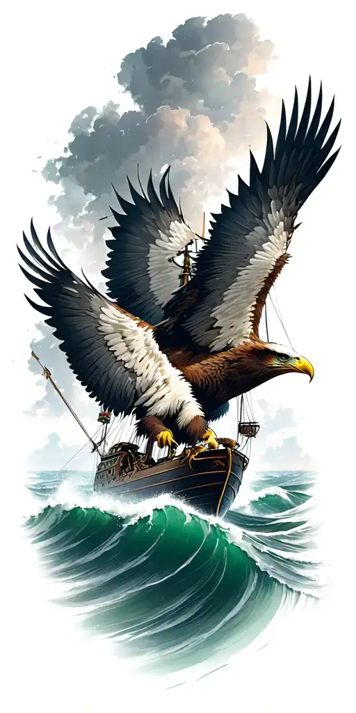 eagle flying, sail ship sailing through stormy seas, samurai without face backlook tattoo design idea