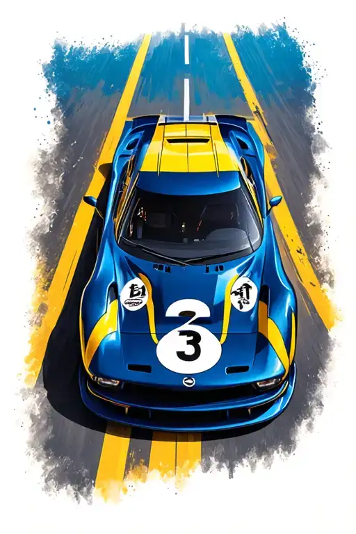 Dale blue and yellow race car with the number 3 driving off on a road surrounded  tattoo design idea