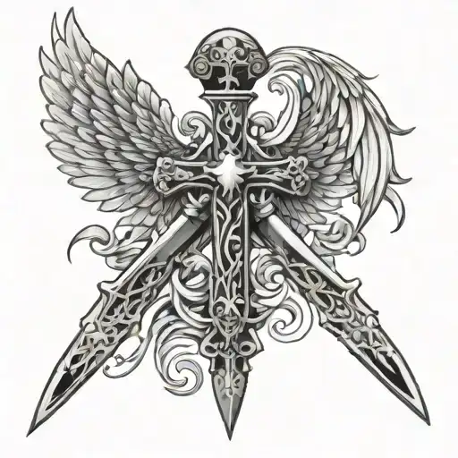Angel wings, cross, sword, scales intertwined tattoo design idea