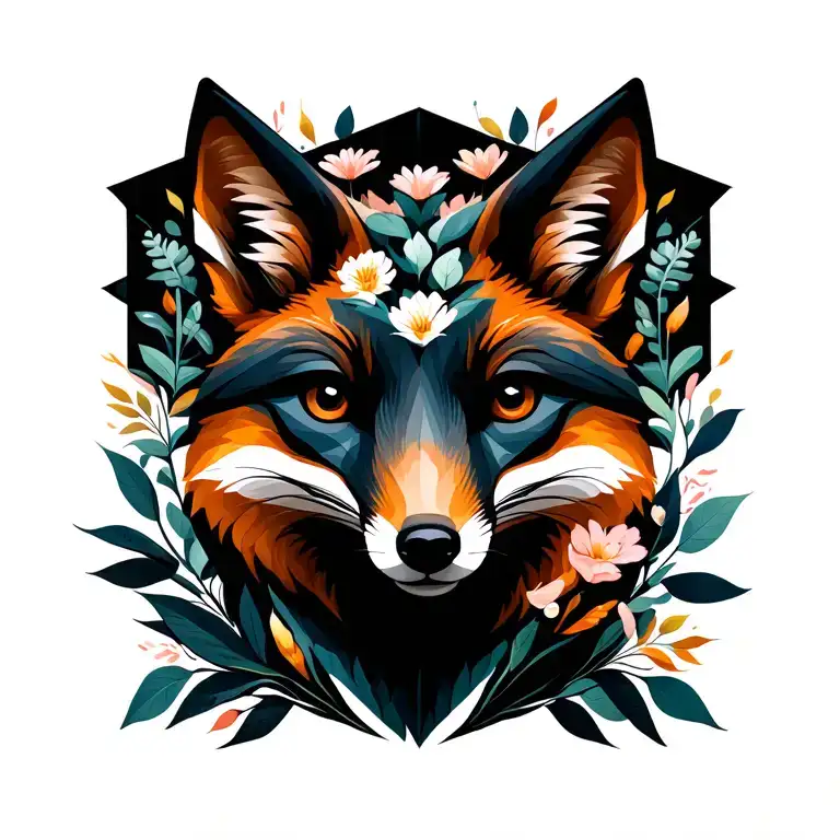 Fox geometry in flowers and leaves tattoo design idea