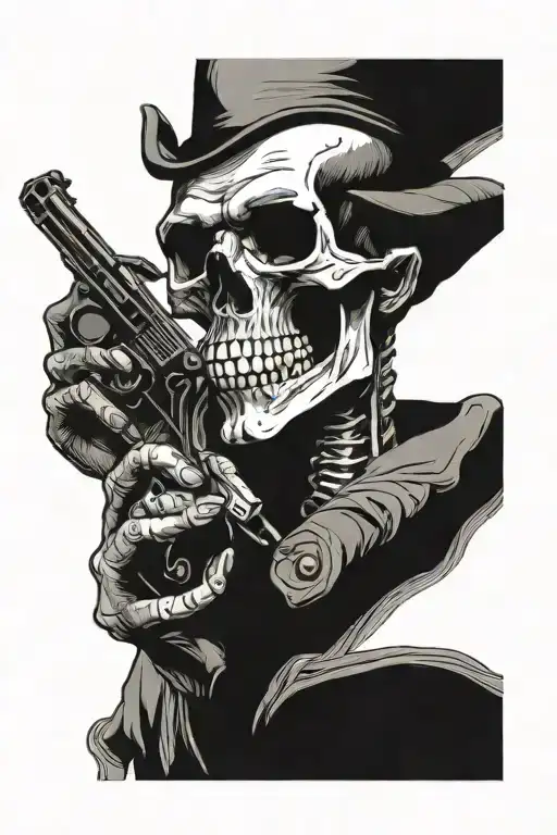 skull holding revolver under chin tattoo design idea