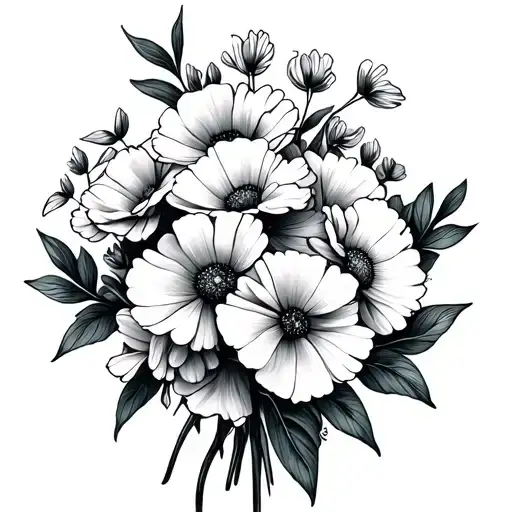 carnation snowdrop marigold cosmo bouquet bow tattoo design idea