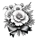 carnation snowdrop marigold cosmo bouquet bow tattoo design idea