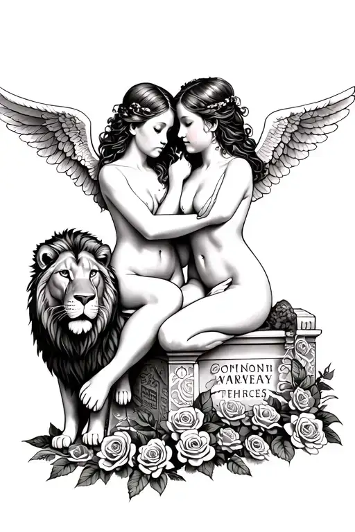 tattoo of 2 lifelike angels intertwined  sitting by a grave with roses growing and a lion tattoo design idea