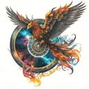 Phoenix spreading its wings in cosmic space backround with wheel of samsara colorful  tattoo design idea