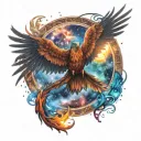 Phoenix spreading its wings in cosmic space backround with wheel of samsara colorful  tattoo design idea