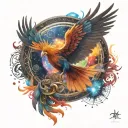 Phoenix spreading its wings in cosmic space backround with wheel of samsara colorful  tattoo design idea