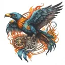 Phoenix spreading its wings in cosmic space backround with wheel of samsara colorful  tattoo design idea