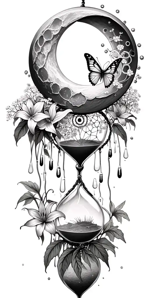 An hourglass moon dream catcher filled with lilies and butterflies Queen Anne's lace  nature tears broken depressed tattoo design idea
