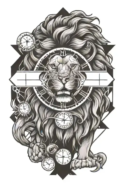 lion with clock, cross and moon tattoo design idea