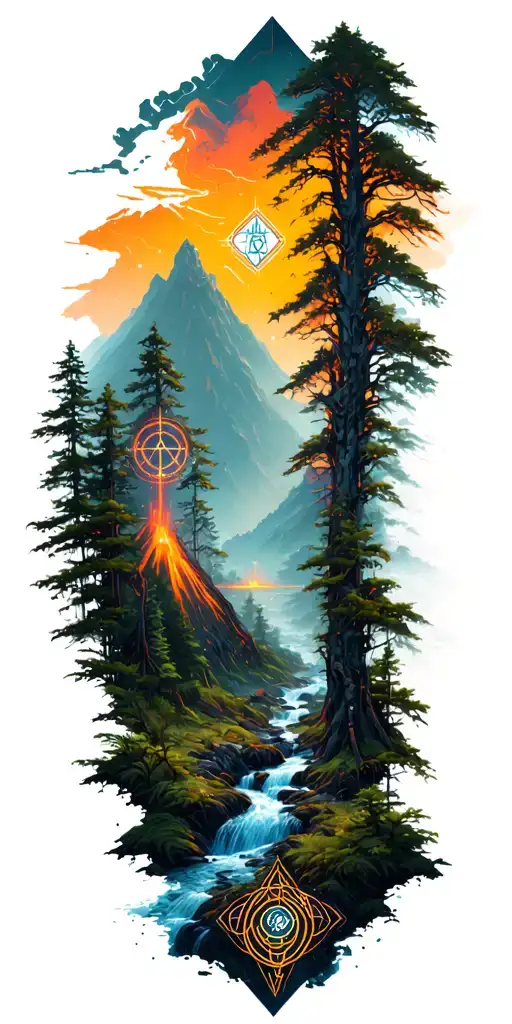 A dense forest with a stream and volcano in the background tattoo design idea