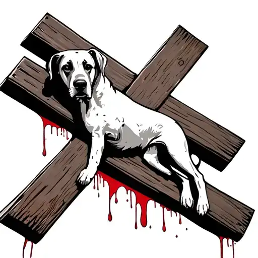 American trad of a dog crucified on a cross. Preferably black and gray. Maybe red blood drops. tattoo design idea