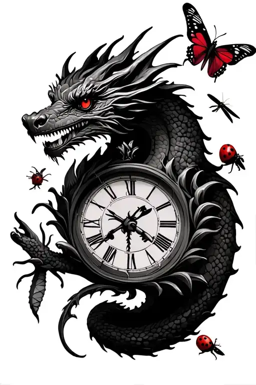 dragon with a butterfly, dragonfly, cardinal, and ladybug around it like a clock tattoo design idea