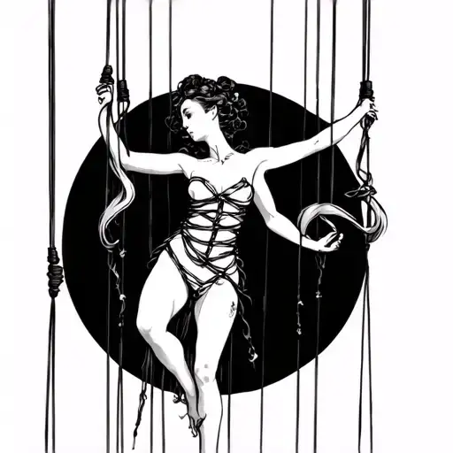 bound woman suspended on marionette strings tattoo design idea