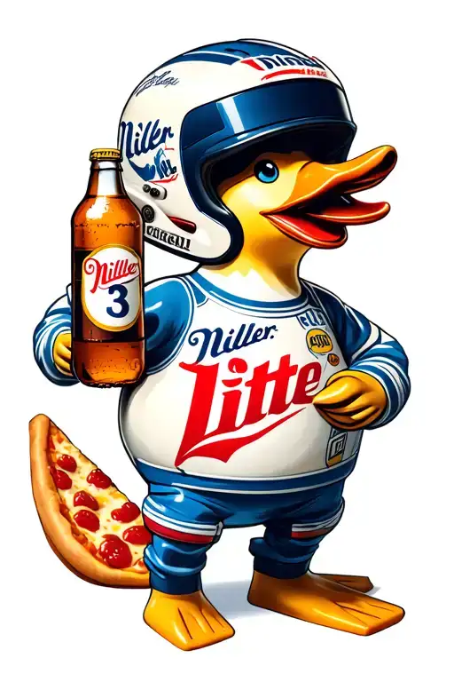 rubber duck holding a Miller lite, pizza, race car helmet,  the number 3, memorial tattoo design idea