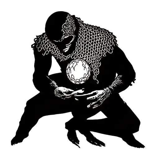 man in chain mail costume creating dark magic crystal ball tattoo design idea