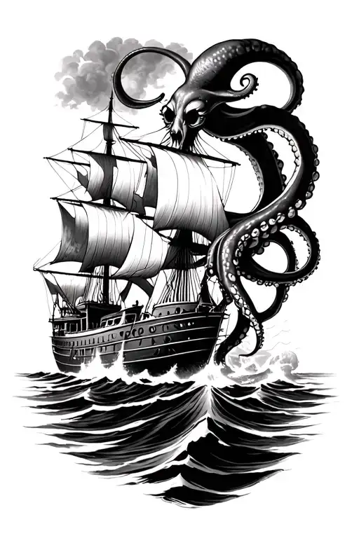A huge, terrible octopus breaks on half a sailboat, high detail tattoo design idea