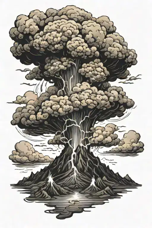 erupting vulcano with spilling lava, a thunderstorm above and a rough see at the bottom of the vulcano tattoo design idea