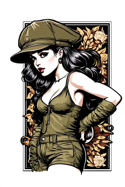 Sexy pin up girl, side profile, full body view, standing, petite, large boobs, Army hat tattoo design idea