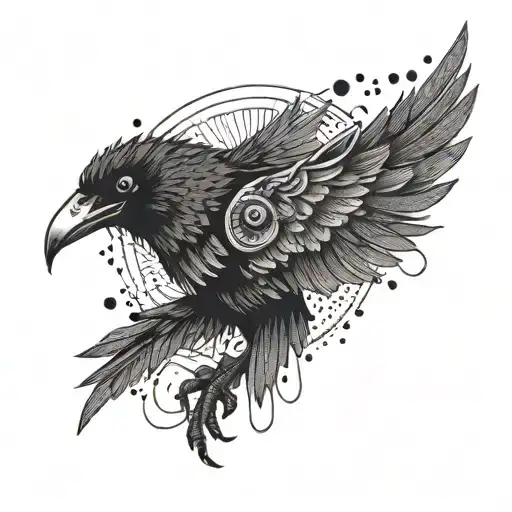 An anime character with crow wings and sharingan eyes in dotwork style tattoo design idea