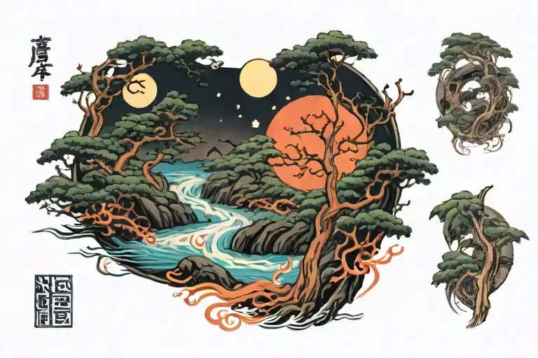 Japanese forest river covered in amaterasu flames on the night of the Sharingan moon tattoo design idea