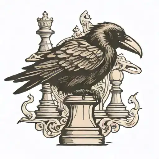 Raven perched on top of rook chess piece tattoo design idea