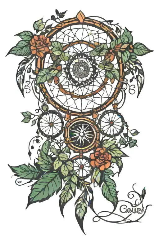 native american geometric dreamcatcher  with ivy vines tattoo design idea