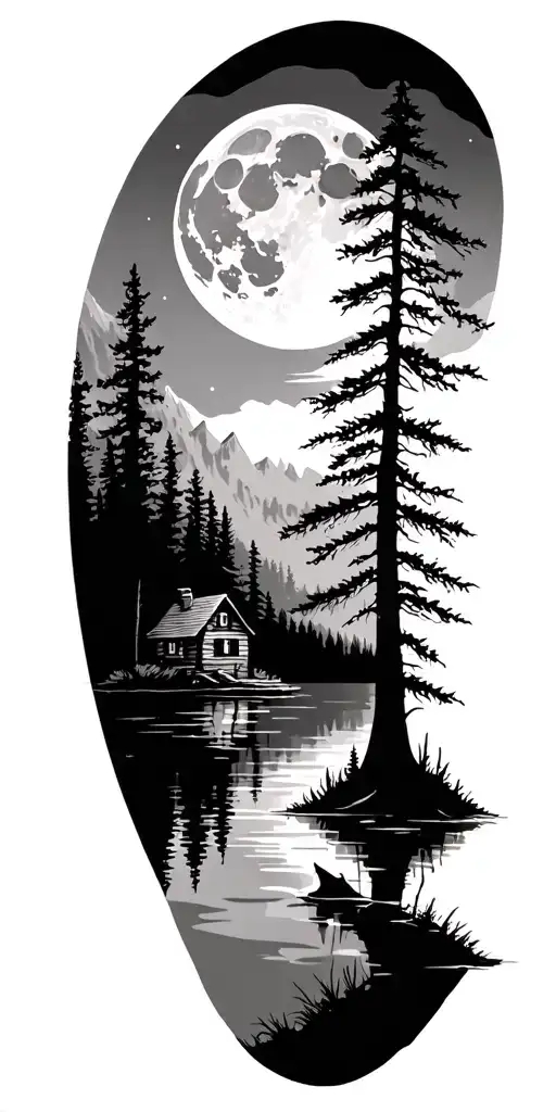 moon over Forest skyline, a frame cabin on lake tattoo design idea