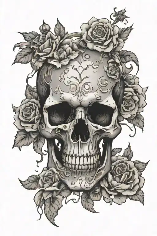 skull in the center of flowers tattoo design idea